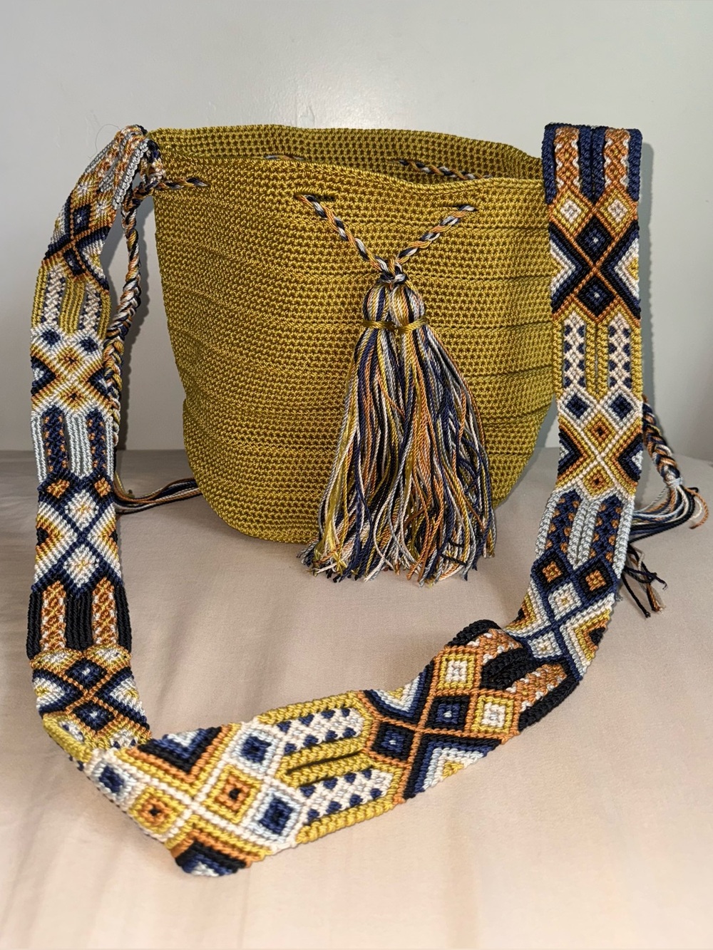Handmade Crochet Wayuu Style Mustard Boho Mochila shoulder Bag, medium/Large